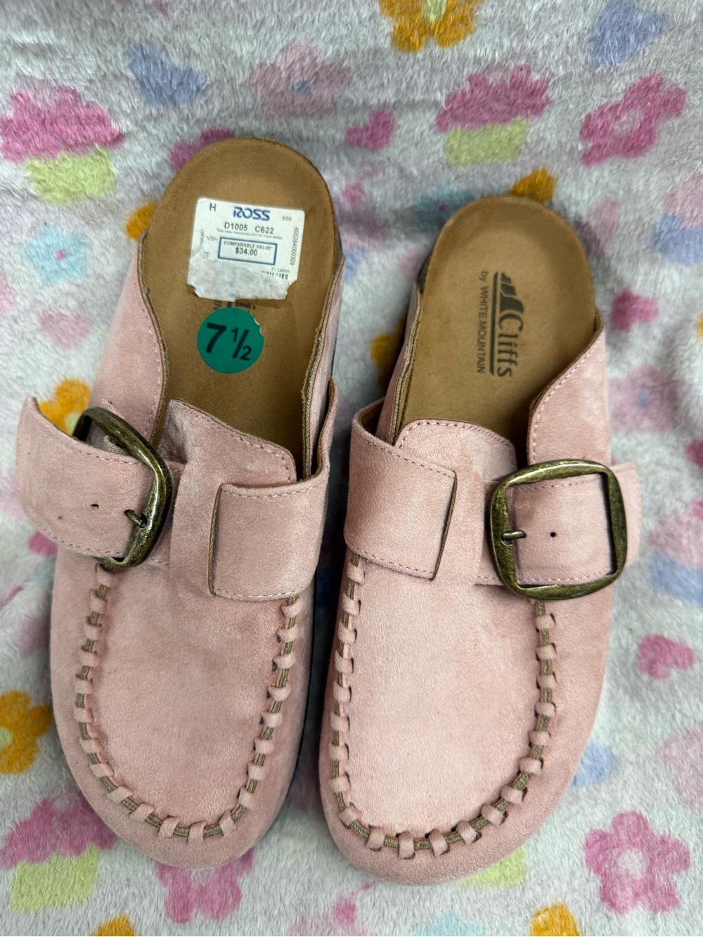 Cliffs by WHITE MOUNTAIN Blush Pink Suede Slip-On Mules with Brass Buckle